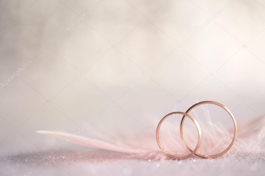 Two Golden Wedding Rings and  Feather - gentle background 