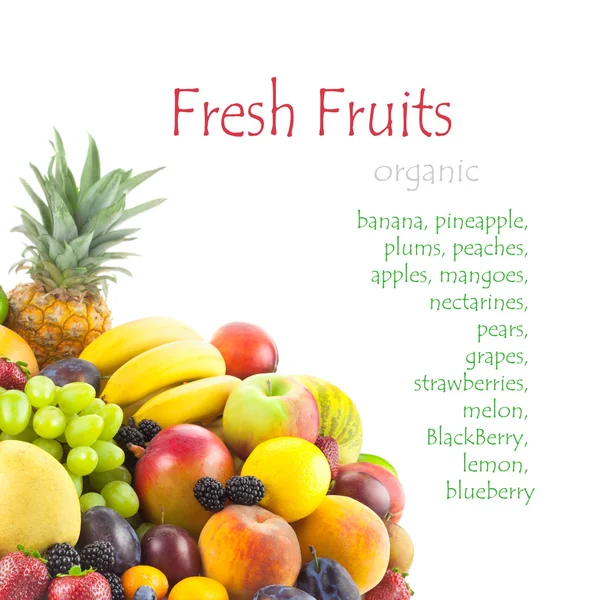 Zbiór różnych owoców na białym z miejsca kopiowania tle — Zdjęcie stockowe
