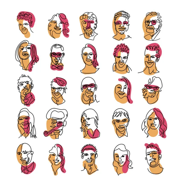 Çağdaş erkek ve kadın portreleri, arka planda tek bir çizgi ve bazı renk noktaları çizilmiş..