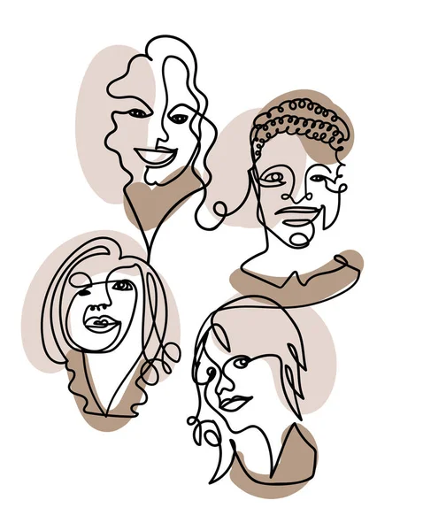 Kortárs line art portrék a különböző nők rajzolt egy vonal és néhány színes foltok a háttérben. — Stock Vector