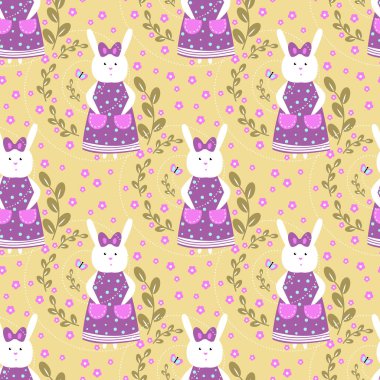 Tavşanlı kusursuz desen ya da leylak elbiseli tavşan kız. Vektör. Paskalya. tatil