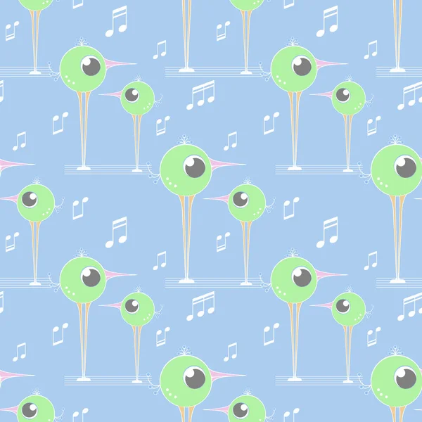 Blue Seamless Pattern Green Birds Big Eyes — Stock Vector