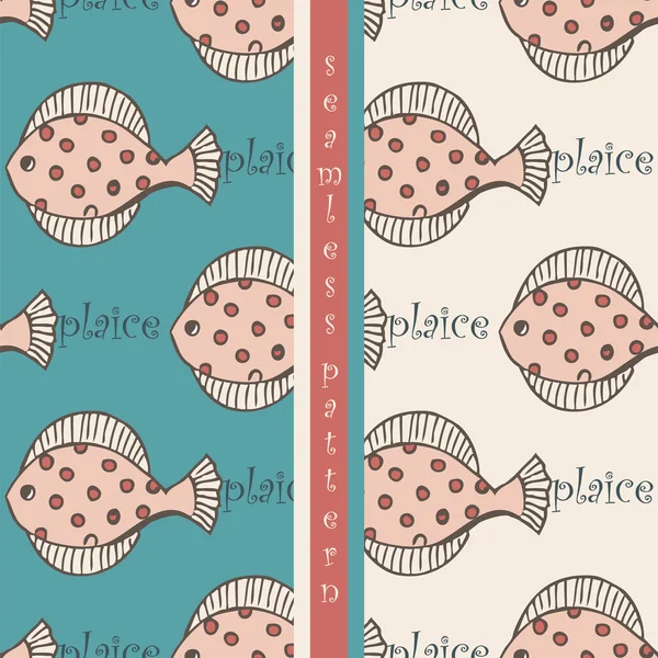 Conjunto de patrón sin costura con platija o solla de pescado — Vector de stock