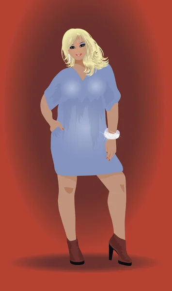 Plus tamaño chica rubia en vestido, vector de ilustración — Vector de stock