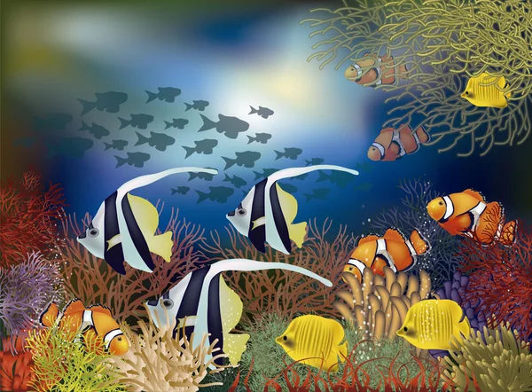 Unterwassertapete mit tropischen Fischen, Vektorillustration — Stockvektor