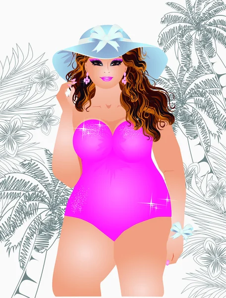 Plus size sexy sommermädchen, vektorillustration — Stockvektor