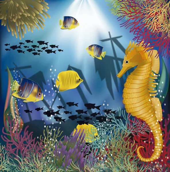 Υποβρύχια ταπετσαρία με τροπικά ψάρια, εικονογράφηση φορέας — Διανυσματικό Αρχείο