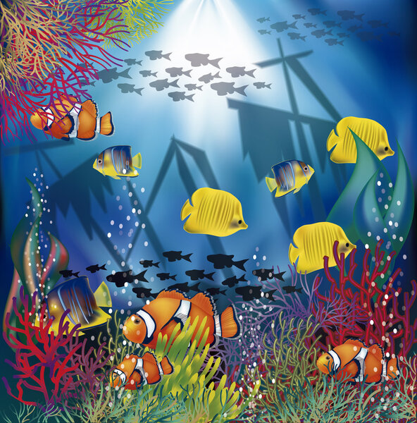 Underwater wallpaper with  tropical fish, vector illustration