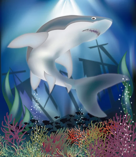Unterwassertapete mit Hai, Vektorillustration — Stockvektor