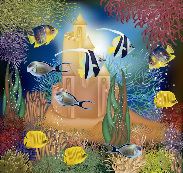 熱帯魚と砂の城、ベクトル図で水中壁紙 — ストックベクタ