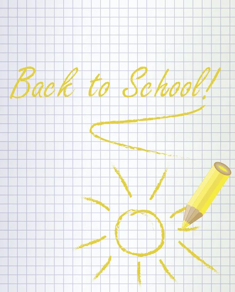 Tillbaka till skolan bakgrund med en gul penna och solen, vektor illustration — Stock vektor