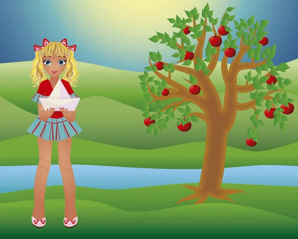 Little summer girl and seasons tree, vector illustration — Stock Vector