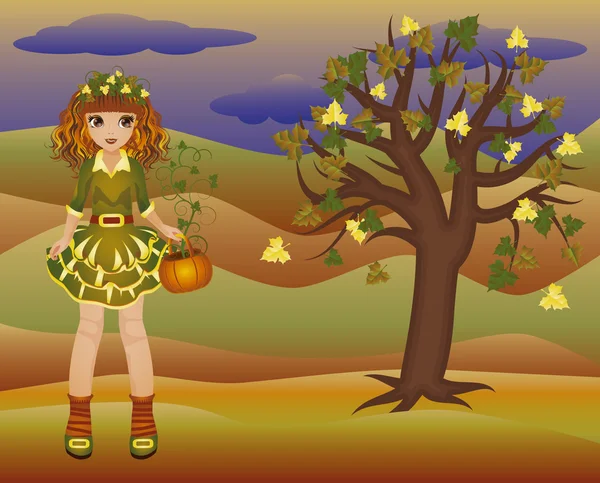 Niña de otoño y árbol de estaciones, ilustración vectorial — Vector de stock