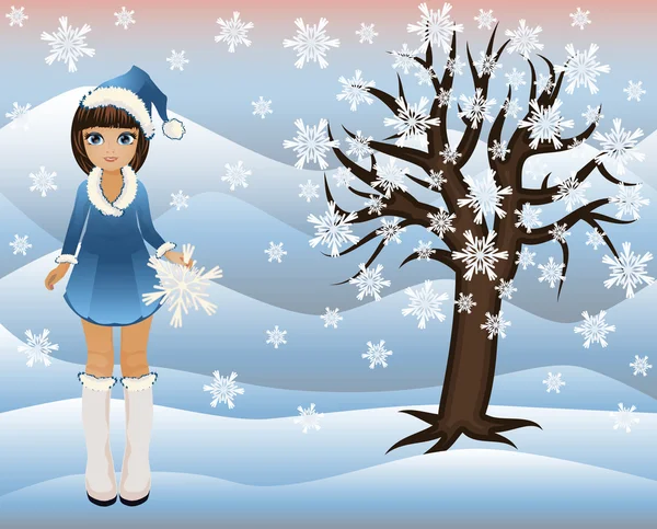 Niña de invierno y árbol de estaciones, ilustración vectorial — Vector de stock