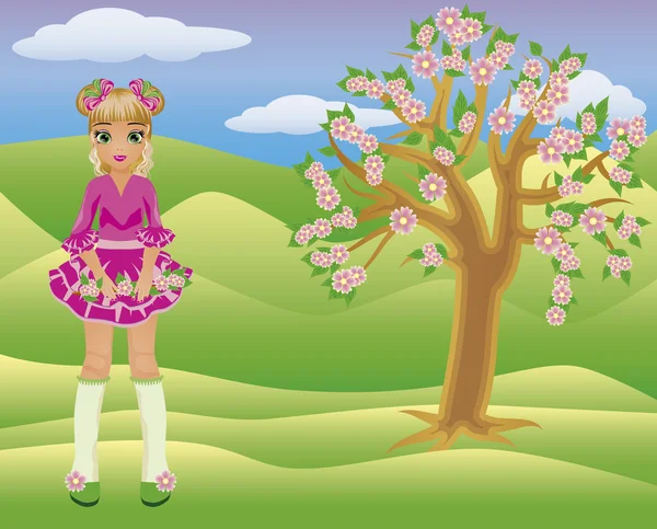 Маленька весняна дівчинка і дерево сезонів, Векторні ілюстрації — стоковий вектор