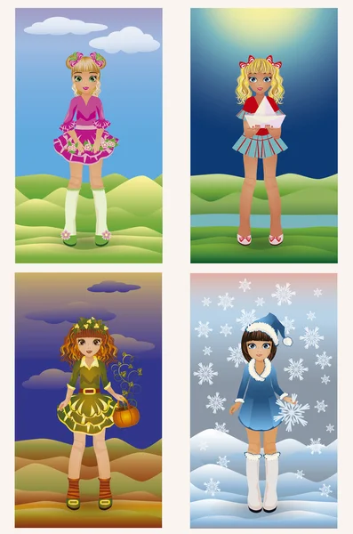 Instellen van seizoenen kleine meisjes, vector illustratie — Stockvector