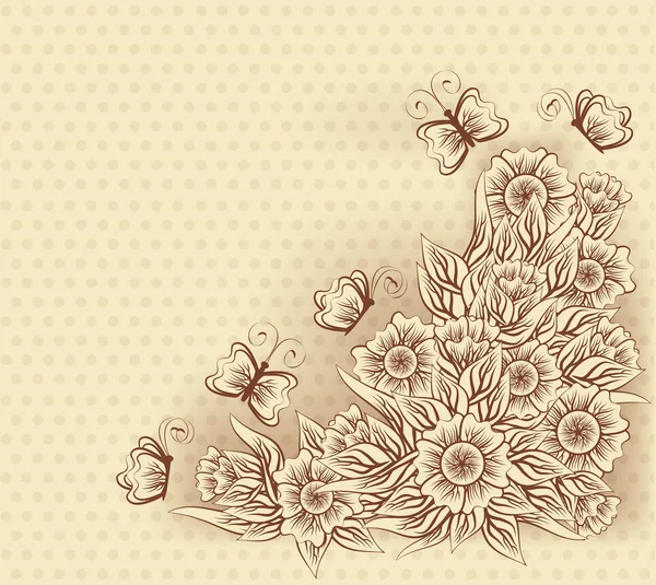 Biglietto di auguri vintage con fiori e farfalla, illustrazione vettoriale — Vettoriale Stock