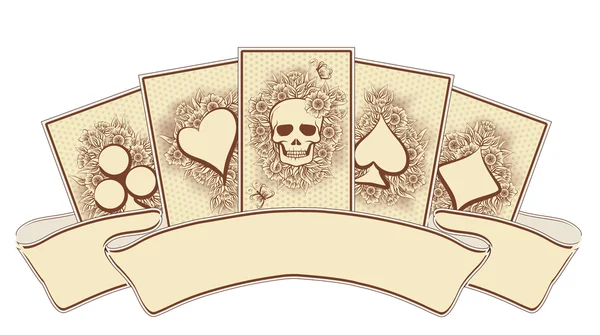 Vintage pokerkaarten met schedel, vectorillustratie — Stockvector