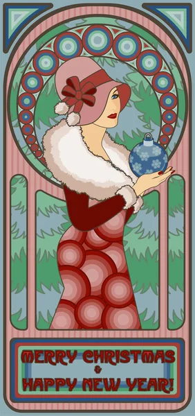 Art Nouveau Winter Santa Girl New Year Card Vector Illustration — Stock Vector