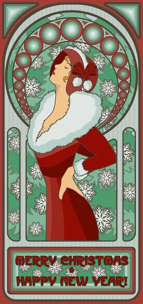 Art Nouveau Sexy Santa Girl New Year Card Vector Illustration — 图库矢量图片