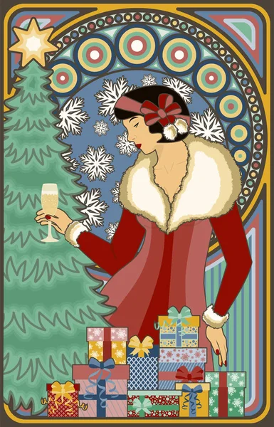 艺术新潮卡 冬季圣诞老人女孩与香槟和圣诞树 病媒图解 — 图库矢量图片