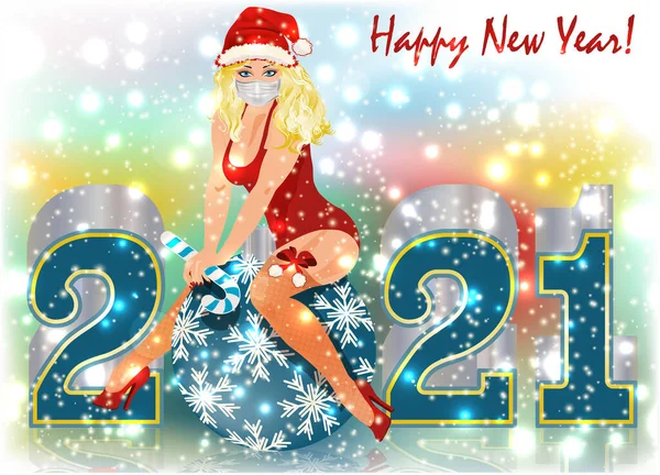 新しい2021年クリスマスボールとサンタクロースの女の子とともに医療マスク ベクトルイラスト — ストックベクタ