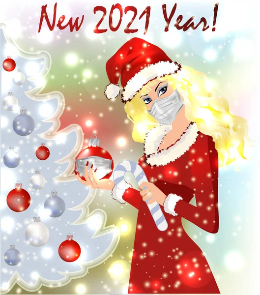 新しい2021年カード医療用マスクとクリスマスボールを持つサンタクロースの女性 ベクトルイラスト — ストックベクタ