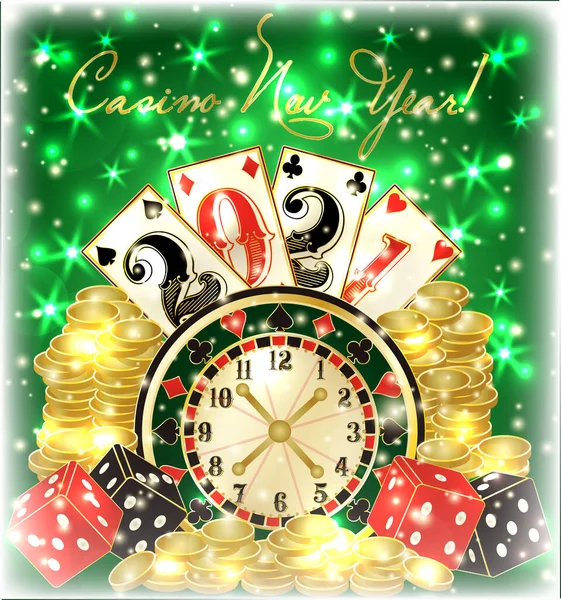 Casino New 2021 Year Greeting Wallpaper Poker Cardsm Golden Coins — Stock Vector