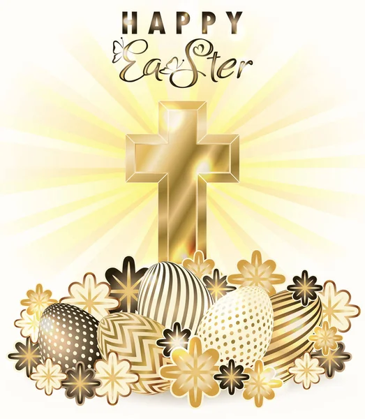 Feliz Pascua Vip Banner Con Cruz Oro Huevos Flores Vector — Vector de stock