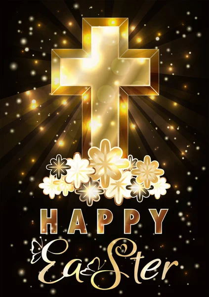 Happy Easter Vip Golden Card Christian Cross Vector Illustration — Stock Vector