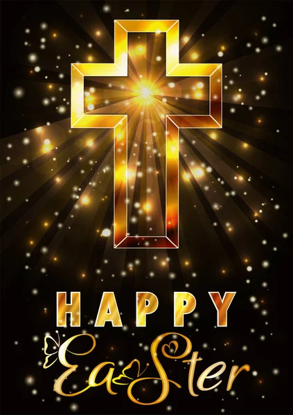 Feliz Pascua Tarjeta Vip Oro Con Cruz Cristiana Vector Ilustración — Vector de stock