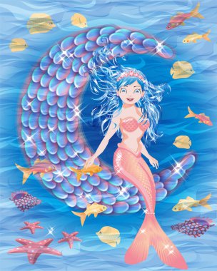 Genç deniz kızı ve ay, arka plan. vektör illüstrasyonu