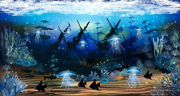 Unterwassertapete Mit Medusa Vektorillustration — Stockvektor