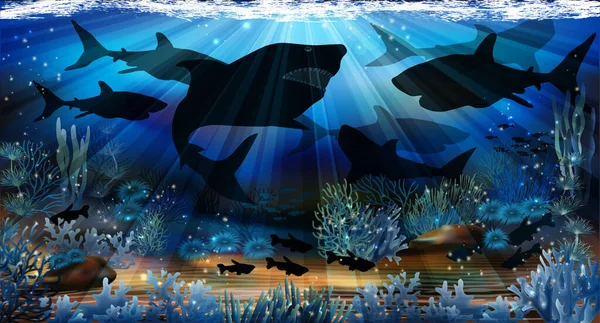 Unterwassertapete Mit Fischen Und Haien Vektorillustration — Stockvektor