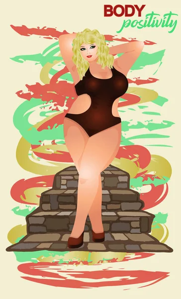 Kroppspositivitet Xxxl Blond Kvinna Bikini Vektorillustration — Stock vektor