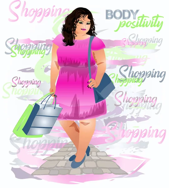 Body Positivity Shopping Xxl Woman Vector Illustration — Stock Vector