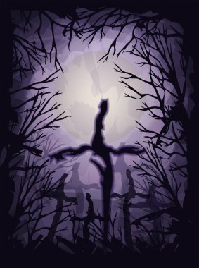 Eski mezarlık haçıyla Cadılar Bayramı geçmişiniz kutlu olsun. vektör illüstrasyonu