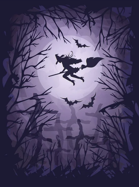 Happy Halloween Kaart Met Heksenvliegen Een Bezemsteel Vector Illustratie — Stockvector