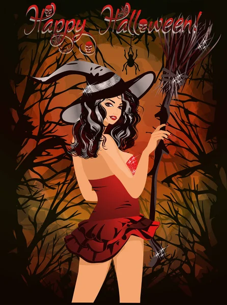 Fröhliches Halloween Banner Mit Wunderschöner Hexe Roten Kleid Vektorillustration — Stockvektor