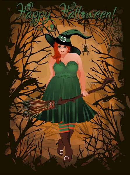 Feliz Tarjeta Halloween Con Bruja Vector Ilustración — Archivo Imágenes Vectoriales