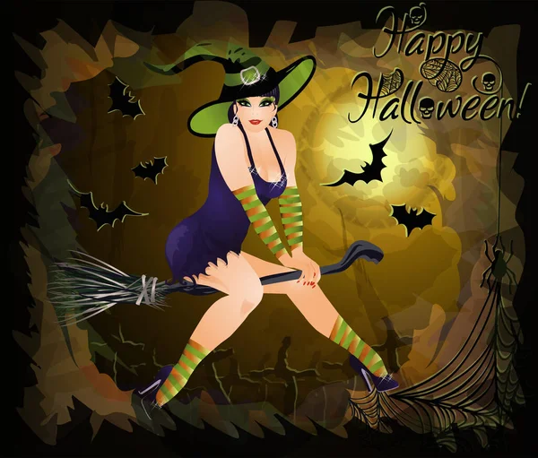 Feliz Halloween Fondo Con Hermosa Bruja Joven Vector Ilustración — Vector de stock