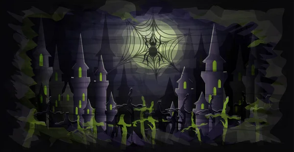 Buon Halloween Banner Con Luna Piena Ragno Castello Sinistro Illustrazione — Vettoriale Stock