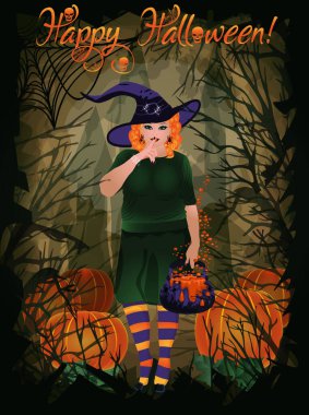 Mutlu cadılar bayramı kartı kızıl saçlı cadı sihirli saksı ve balkabağı, vektör illüstrasyonu