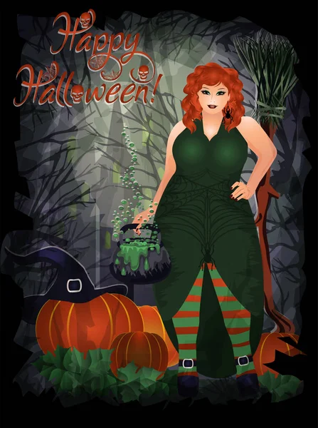 Happy Halloween Card Red Hair Witch Pumpkin Magic Pot Vector — Stock Vector