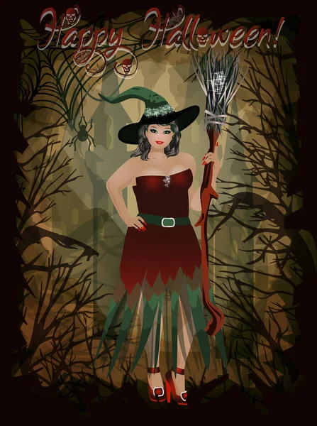 Mutlu Cadılar Bayramı kartı genç cadı, vektör çizim ile