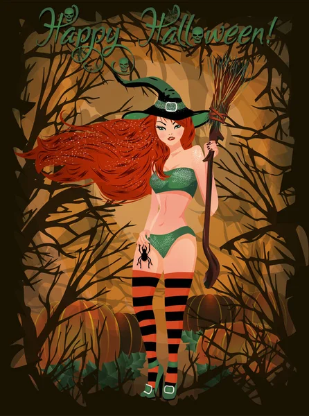 Joyeux Halloween Carte Avec Cheveux Roux Sorcière Sexy Citrouille Illustration — Image vectorielle