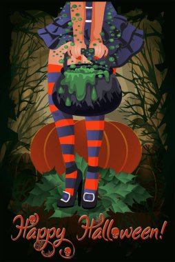 Cadılar bayramı davetiyeniz kutlu olsun. Sihirli çömlek ve balkabağı, vektör illüstrasyonu.