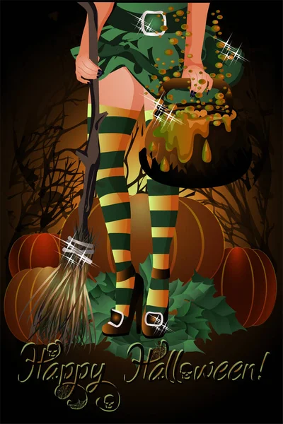 Joyeux Halloween Carte Fête Avec Citrouille Sorcière Balai Pot Magique — Image vectorielle