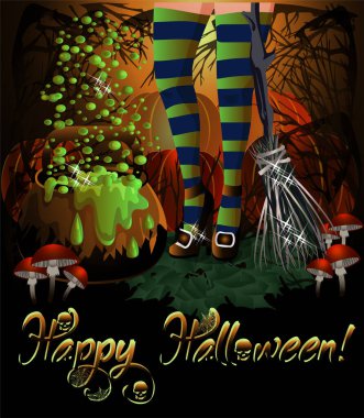 Zehirli mantarlı Cadılar Bayramı tebrik kartı, süpürge cadısı, sihirli kap ve balkabağı, vektör illüstrasyon