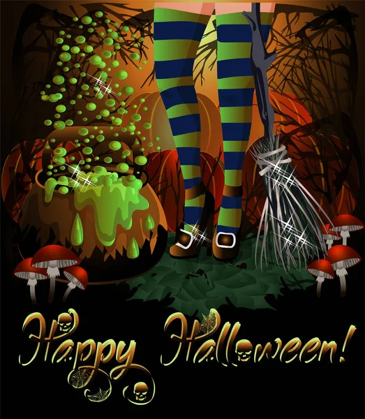 Tarjeta Felicitación Feliz Halloween Con Setas Venenosas Escoba Bruja Olla — Archivo Imágenes Vectoriales